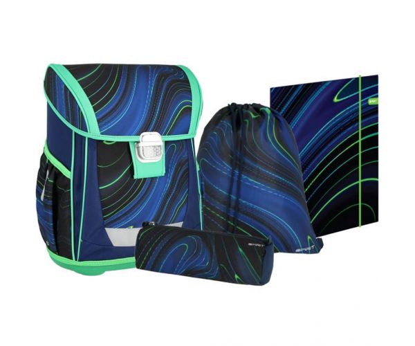 Spirit: Blue Stripes kék-zöld csíkok fekete alapon iskolatáska, hátizsák 4db-os szett 41x20x32cm