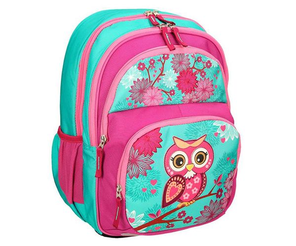 Spirit: Rózsaszín-türkiz színű bagolymintás lekerekített ergonómikus iskolatáska, hátizsák 40x20x18cm