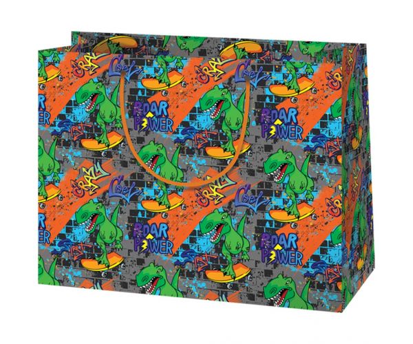 Gördeszkázó T-Rex közepes méretű ajándéktáska 18x10x23cm