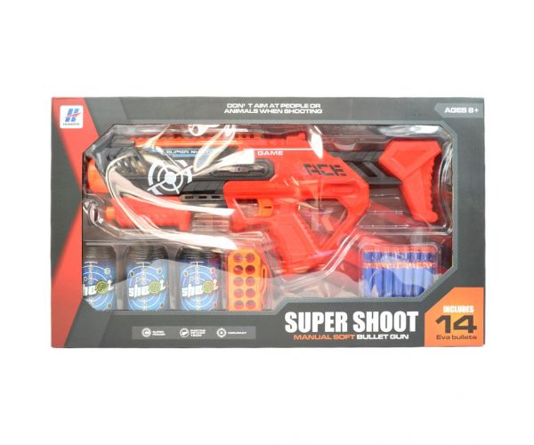 Super Shoot: Manuális szivacslövő fegyver töltényekkel és üdítősflakon célokkal 46cm