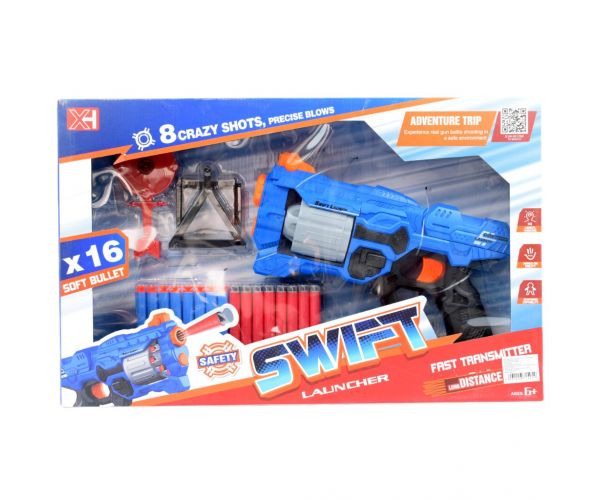 Swift Launcher: Forgótáras manuális szivacslövő fegyver töltényekkel és céltáblával 32cm