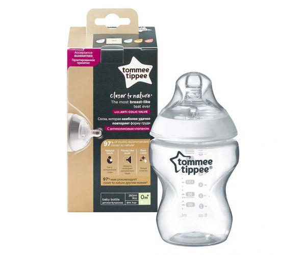 Tommee Tippee: Closer To Nature átlátszó cumisüveg 260ml (0 hó+)