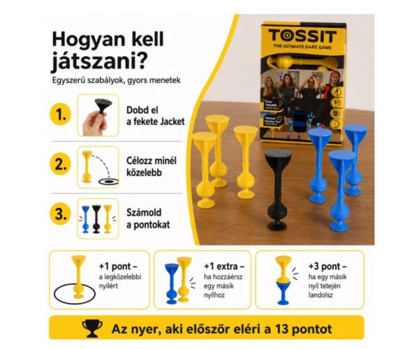 Tossit Starter Pack kék-sárga szilikon tapadókorongos darts társasjáték