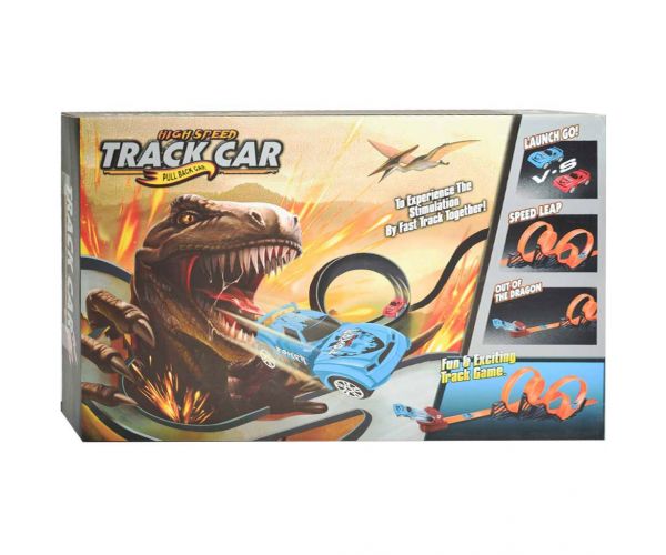 Track Car: Dinoszauruszos versenypálya szett 2db 360 fokos hurokkal és 2db hátrahúzható autóval 1/64