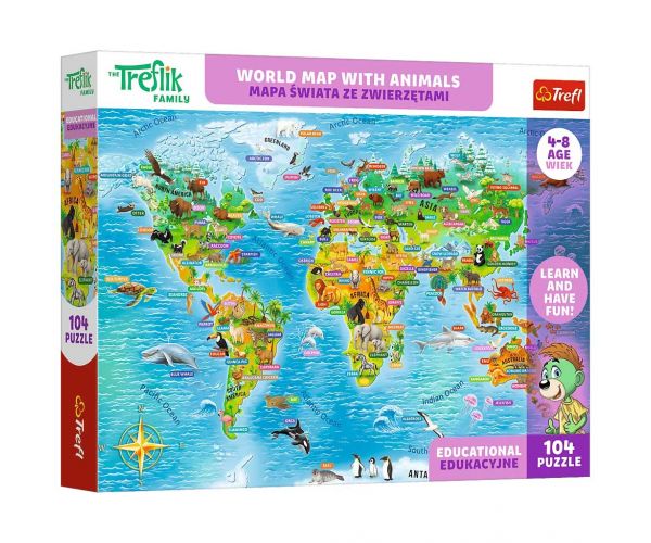 Treflik Világtérkép állatokkal oktató jellegű 104db-os puzzle - Trefl