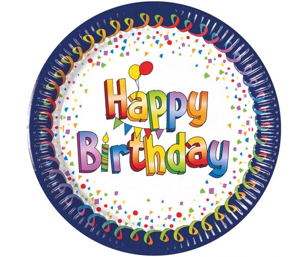Vidám kék-fehér szülinapi „Happy Birthday” feliratú papírtányér 8db-os szett