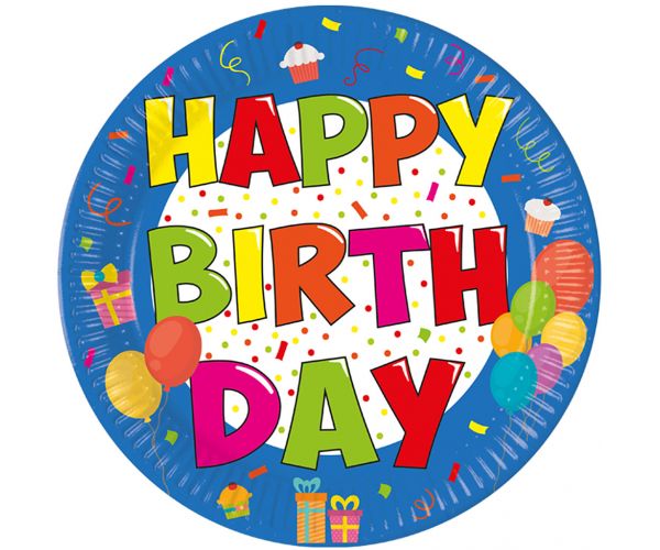 Vidám szülinapos "Happy Birthday" feliratú partitányér 8db-os szett