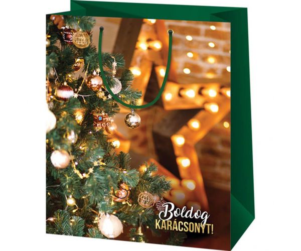 Boldog Karácsonyt díszített karácsonyfa mintás közepes ajándéktáska 18x10x23cm