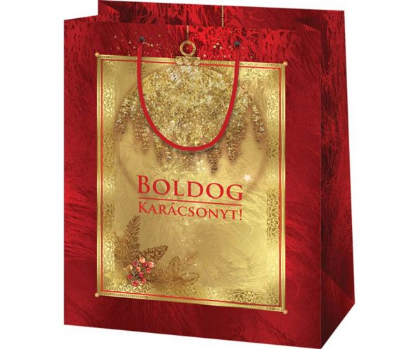 Boldog Karácsonyt feliratos, arany-piros színű nagy méretű exkluzív ajándéktáska 27x14x33cm