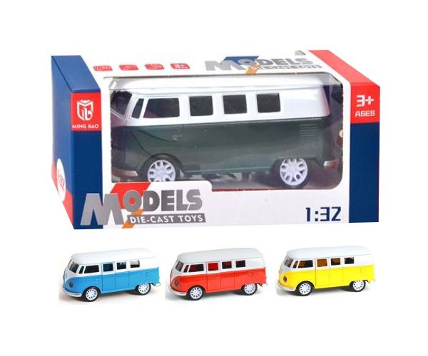 Volkswagen T1 1/32-es hátrahúzható fém autómodell nyitható ajtóval, fénnyel és hanggal több változatban