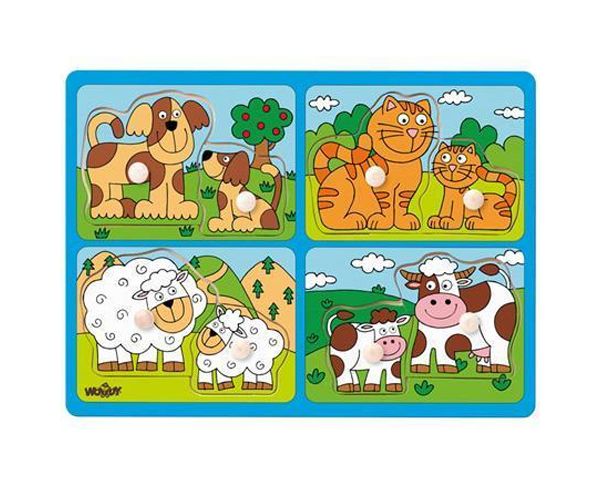 Állatok kicsinyükkel fa forma-puzzle fogantyúval - Woodyland